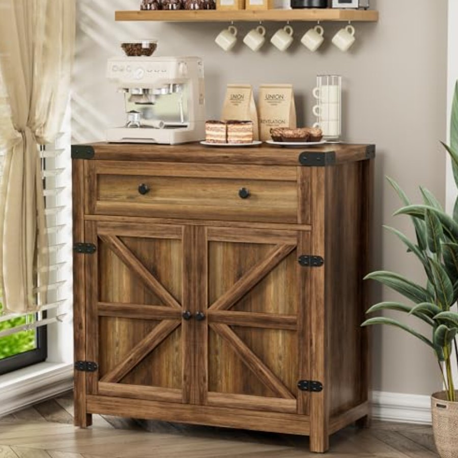 YESHOMY Coffee Bar and Accent Cabinet (Rustic Brown & White)