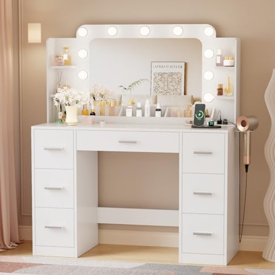 YESHOMY Vanity Desk with Large Lighted Mirror