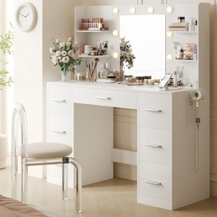 YESHOMY Vanity Desk with Mirror (Gloss White)